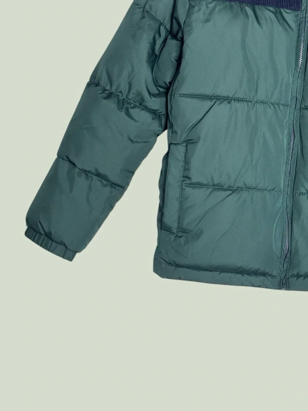 Old Navy Green Puffer Jacket with Navy Corduroy Yoke and Hood Boys XL 14-16